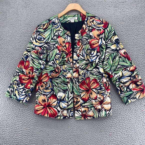 Coldwater Creek Jacket Womens 10 Green Multi Floral Pockets Ruched 3/4 Sleeves - Picture 1 of 10
